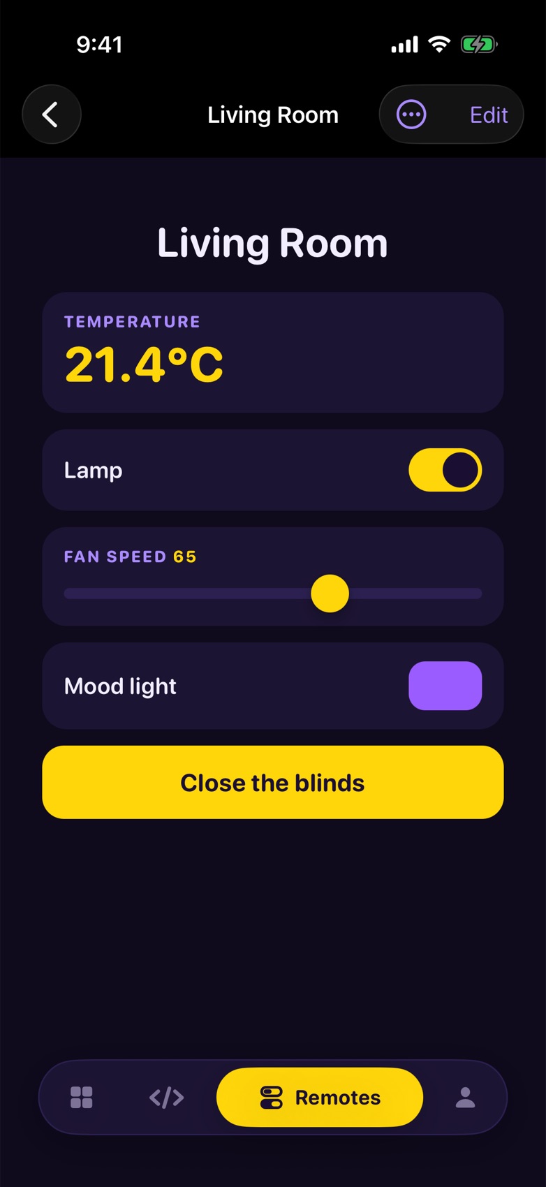 A remote control page with a switch, slider and button