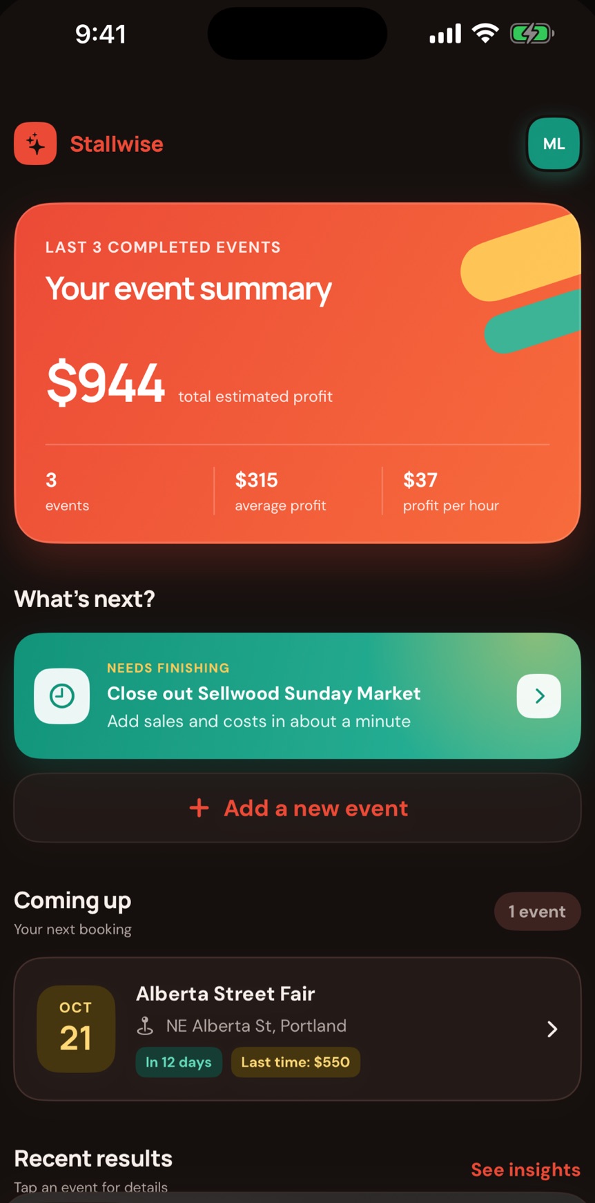 Stallwise dashboard with an event summary
