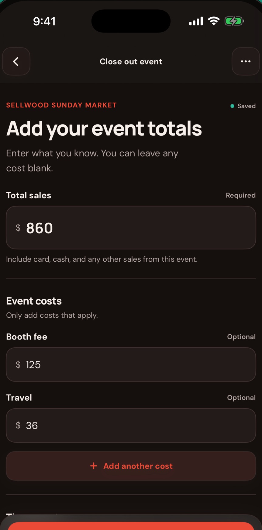 Closing out an event with sales and costs